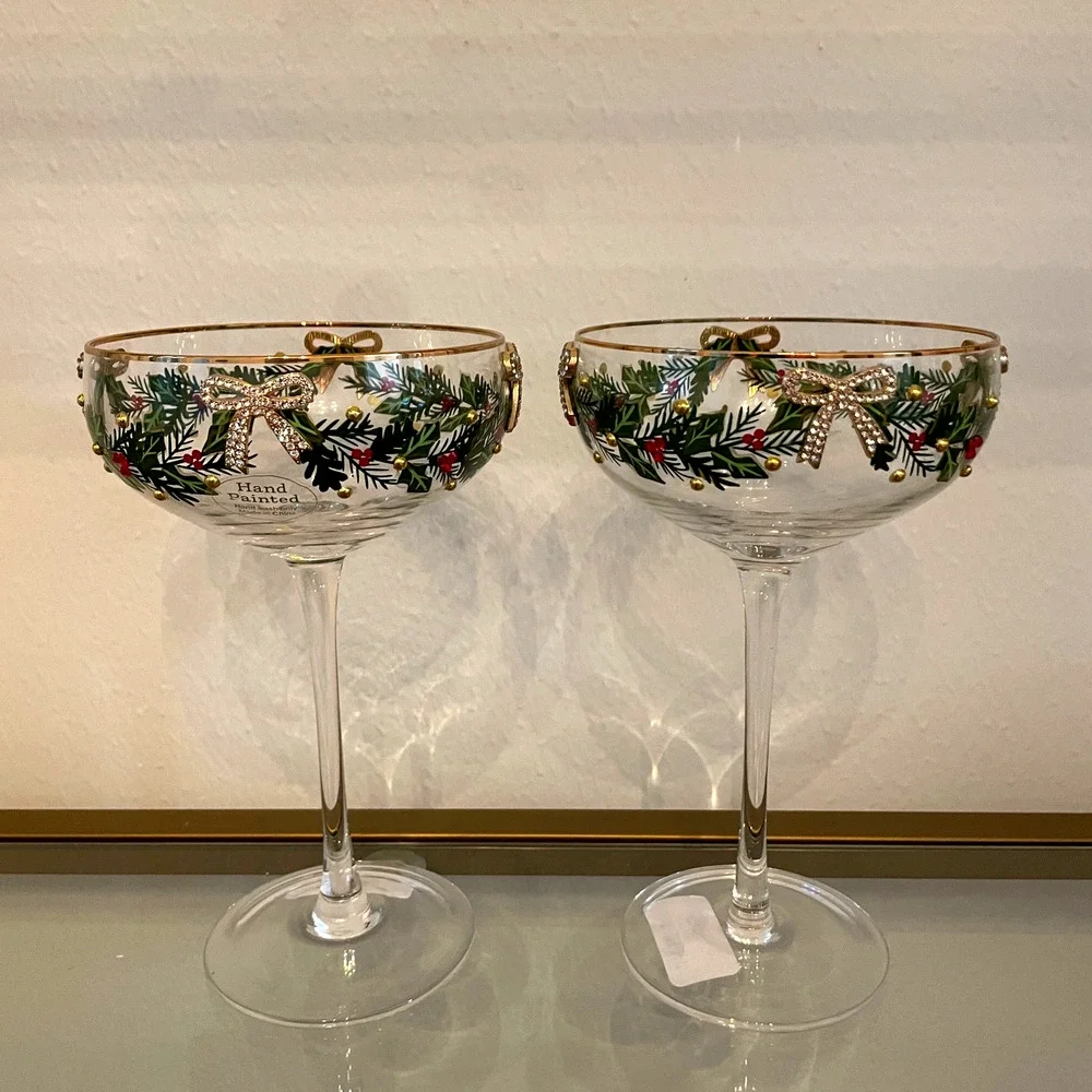 Christmas COUPE GLASSES Hand Painted & Jeweled Gold Bows Holly Garland Set of 2